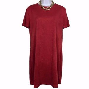 Zara Red Faux Suede Short Sleeve Shift Dress Sz M